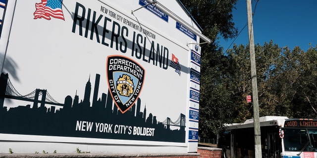 The entrance to Rikers Island, home to the main jail complex, is shown from the Queens borough as shown on October 19, 2021 in New York City. 