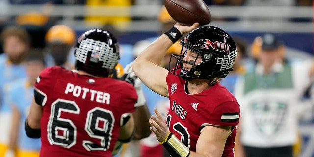 Northern Illinois quarterback Rocky Lombardi throws during the first half against Kent State, Saturday, Dec. 4, 2021, in Detroit.