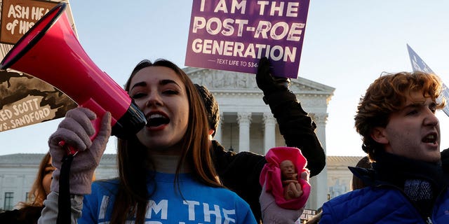 Anti-abortion demonstrators protest in front of the Supreme Court building