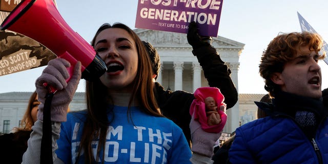 Pro-life demonstrators protest in front of the Supreme Court building, on the day arguments were heard in Dobbs v. Jackson Women's Health, in Washington, Dec. 1, 2021.