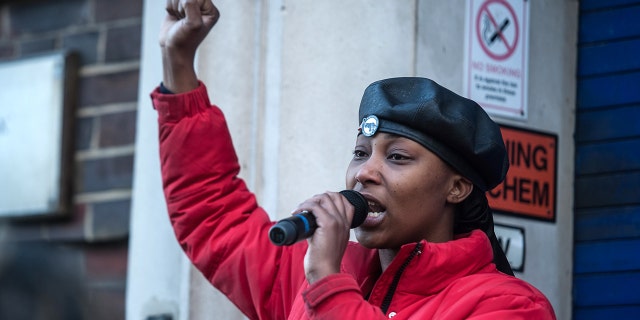 LONDON, ENGLAND - DECEMBER 19: Black Lives Matter activist Sasha Johnson speaks outside of Tottenham Police Station in protest at the targeting of a black youth by officers and misuse of stop and search powers on December 19, 2020, in London, England. Anti-racist campaigners challenge institutional racism under the Black Lives Matter (BLM) banner. (Photo by Guy Smallman/Getty Images)