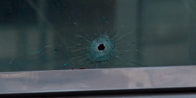 A bullet hole in the Reeves Municipal building.