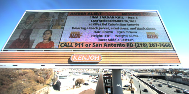 Two billboards were put up in San Antonio with the amber alert information for 3-year-old Lina Sadar Khil.