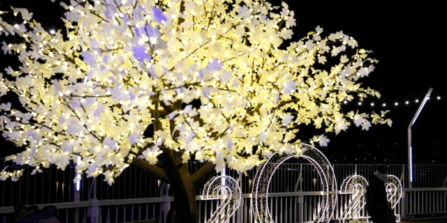 A visitor wearing a face mask pose for a photo in front of illuminated decorations on New Year’s Eve in Seoul, South Korea, Friday, Dec. 31, 2021. 