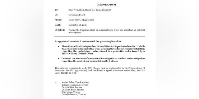 Texas Education Administration monitor memorandum to Round Rock ISD