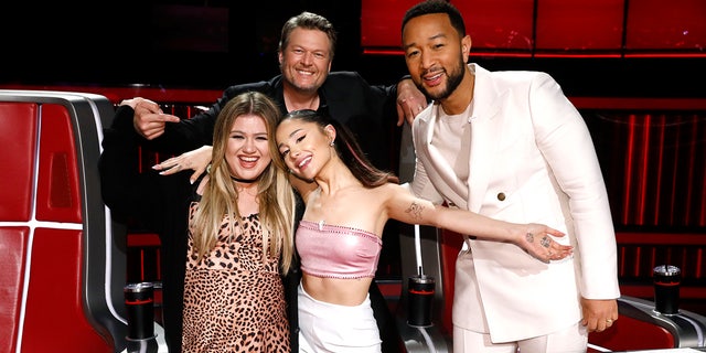 "The Voice" season 21 judges, from left: Kelly Clarkson, Ariana Grande, Blake Shelton and John Legend.