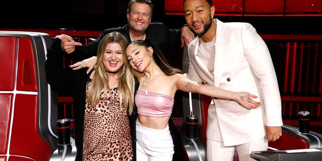 "The Voice" season 21 judges, from left: Kelly Clarkson, Ariana Grande, Blake Shelton and John Legend.