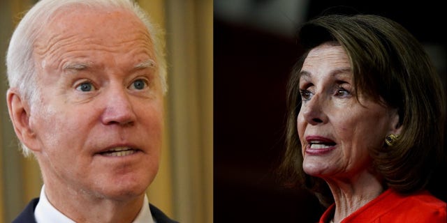 Right: U.S. House Speaker Nancy Pelosi, D-Calif., in Washington, U.S., Dec. 8, 2021. REUTERS/Elizabeth Frantz Left: President Joe Biden at the White House in Washington, U.S., Dec. 3, 2021.