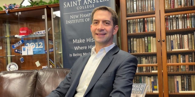 Sen. Tom Cotton of Arkansas sits down for an interview with Fox News at the New Hampshire Institute of Politics, in Goffstown, N.H. on Dec. 3, 2021