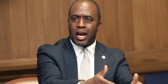 Tony Thurmond, candidate for Superintendent of Public Instruction, speaks at the San Francisco Chronicle on Thursday, March 22, 2018, in San Francisco, Calif. (Photo By Liz Hafalia/The San Francisco Chronicle via Getty Images)