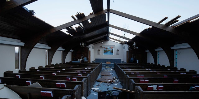 Interior view of tornado damage to Emmanuel Baptist Church on December 11, 2021 in Mayfield, Kentucky.  (Photo by Brett Carlsen/Getty Images)