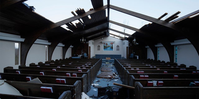 Interior view of tornado damage to Emmanuel Baptist Church on December 11, 2021 in Mayfield, Kentucky.  (Photo by Brett Carlsen/Getty Images)