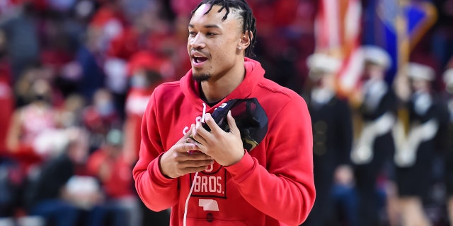 Nov 23, 2021; Lincoln, Nebraska, USA; Nebraska Cornhuskers guard Trey McGowens (2) walks with a scooter before the game against the Tennessee State Tigers at Pinnacle Bank Arena.
