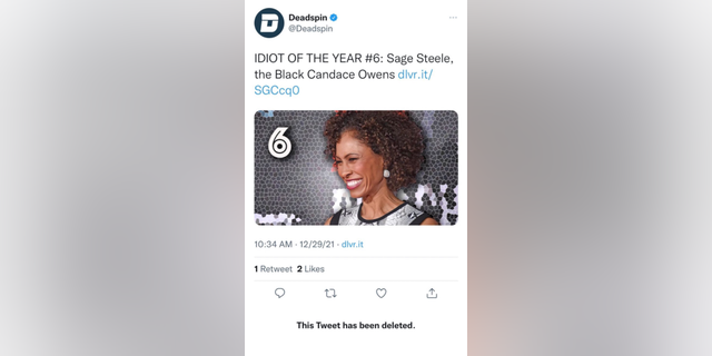 A screenshot of a now-deleted tweet from Deadspin referring to ESPN sports anchor Sage Steele as "the Black Candace Owens," inferring that Owens isn't authentically Black.