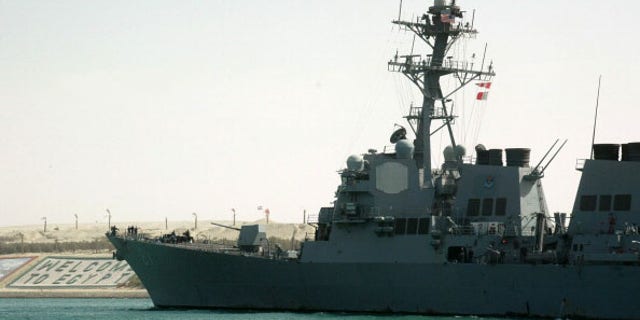 A picture taken on March 8, 2013 shows the American destroyer USS Winston S. Churchill crossing the Suez canal off the coast of Ismailia port city, east of Cairo.