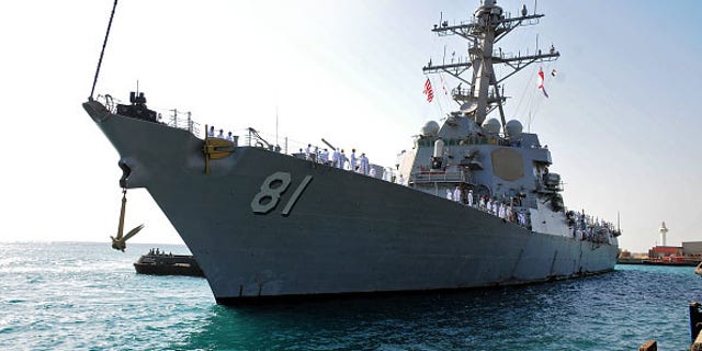 The US Navy guided-missile destroyer USS Winston S. Churchill (DDG 81), part of Destroyer Squadron 2, arriving in Port Sudan. 