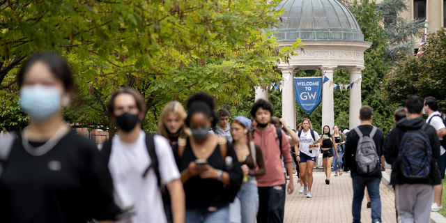Students on campus at George Washington University in Washington, D.C., U.S., on Thursday, Sept. 9, 2021. 
