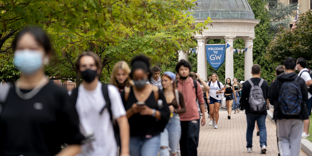 Students on campus at George Washington University in Washington, D.C., U.S., on Thursday, Sept. 9, 2021.