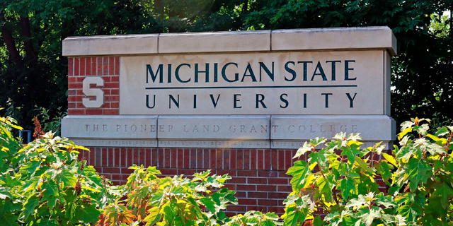 Michigan State University entrance sign in Lansing. 