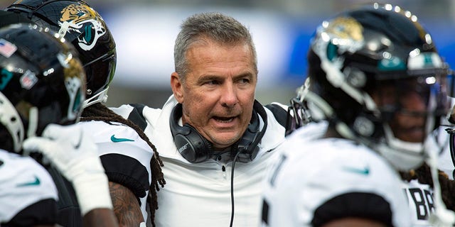 FILE - Jacksonville Jaguars head coach Urban Meyer on the sideline while playing the Los Angeles Rams during an NFL Professional Football Game Sunday, Dec. 5, 2021, in Inglewood, Calif.  Urban Meyer's tumultuous NFL tenure ended after just 13 games — and two victories — when the Jacksonville Jaguars fired him early Thursday, Dec. 16, 2021 because of an accumulation of missteps.