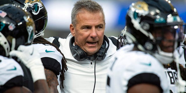 FILE - Jacksonville Jaguars head coach Urban Meyer on the sideline while playing the Los Angeles Rams during an NFL Professional Football Game Sunday, Dec. 5, 2021, in Inglewood, Calif.  Urban Meyer's tumultuous NFL tenure ended after just 13 games — and two victories — when the Jacksonville Jaguars fired him early Thursday, Dec. 16, 2021 because of an accumulation of missteps.