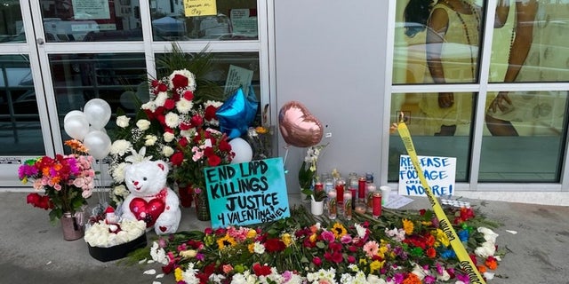 Flowers sit in from of a Burlington Coat Factory in North Hollywood where a suspect and Valentina Orellana-Peralta were killed by police bullets. Investigators believe Orellana-Peralta was accidentally struck while in a dressing room. 