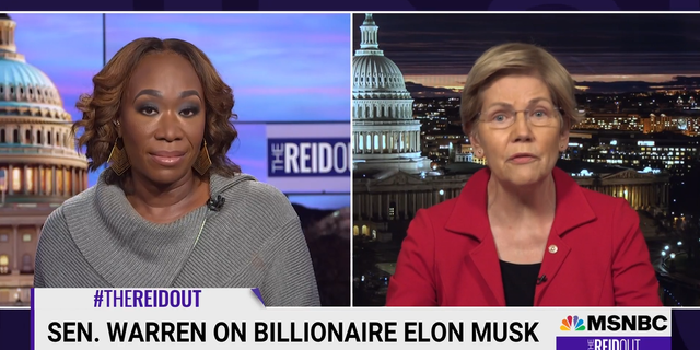 MSNBC's Joy Reid interviews Sen. Elizabeth Warren on Dec. 15, 2021, on feud with Elon Musk. 