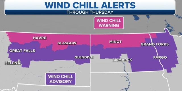 Wind chill alerts over Montana, North Dakota