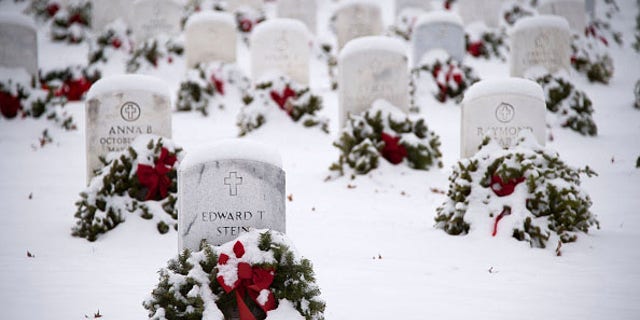 Wreaths are shown covered in snow next to markers at Arlington National Cemetery in Arlington, Virginia, on Jan. 6, 2015, after a small winter storm. AFP PHOTO/JIM WATSON.