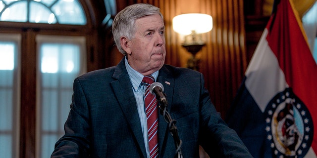 Gov. Mike Parson listens to a media question during a press conference to discuss the status of license renewal for the St. Louis Planned Parenthood facility on May 29, 2019, in Jefferson City, Missouri.