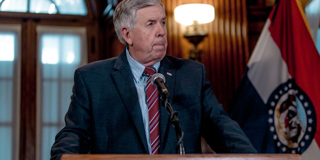 Gov. Mike Parson listens to a media question during a press conference to discuss the status of license renewal for the St. Louis Planned Parenthood facility on May 29, 2019, in Jefferson City, Missouri.