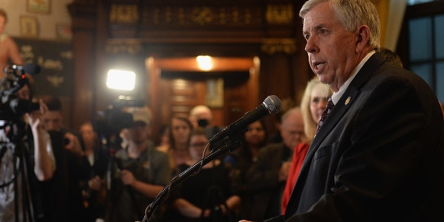 Parson addresses the media at the Missouri State Capitol Building on May 17, 2019, in Jefferson City, Missouri.
