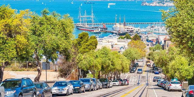 Stock photograph of Hyde street and San Francisco Bay in San Francisco California USA on a sunny day.