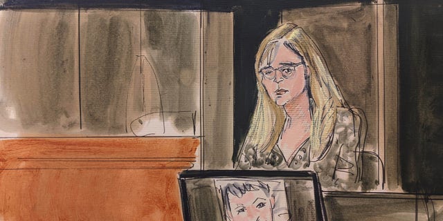 In this courtroom sketch, Annie Farmer testifies on the witness stand during the Ghislaine Maxwell sex abuse trial on Dec. 10 in New York.