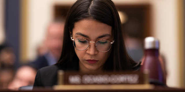 Rep. Alexandria Ocasio-Cortez is seen during the congressional testimony of Facebook CEO Mark Zuckerberg