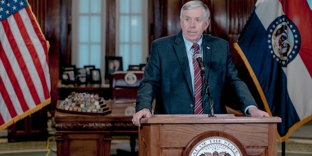 Gov. Mike Parson speaks during a press conference to discuss the status of license renewal for the St. Louis Planned Parenthood facility on May 29, 2019, in Jefferson City, Missouri. 