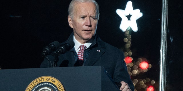 President Joe Biden attends the National Christmas Tree lighting ceremony near the White House, on Dec. 2, 2021, in Washington.
