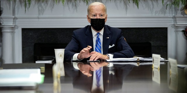 President Joe Biden speaks during a meeting with the White House COVID-19 Response Team at the White House Dec. 16, 2021. 