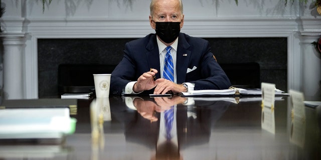 U.S. President Joe Biden speaks during a meeting with the White House COVID-19 Response Team in the Roosevelt Room of the White House December 16, 2021 in Washington, DC.
