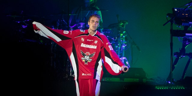 Pop star Justin Bieber performs at a concert marking the end of Formula One, in Jiddah, Saudi Arabia, Sunday, Dec. 5, 2021.