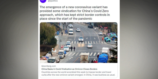 A December 1, 2021 tweet from Bloomberg Politics about China's handling of the COVID pandemic.