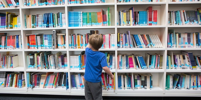 a boy in a library looking at books