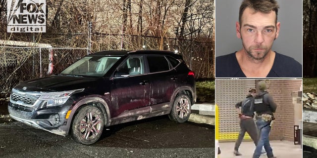 James Crumbley, top right, and his wife Jennifer Crumbley, bottom right photo, accompanied by police, were taken into custody early Saturday after a manhunt. Their SUV was found in a parking lot late Friday and the couple was discovered inside a nearby building.