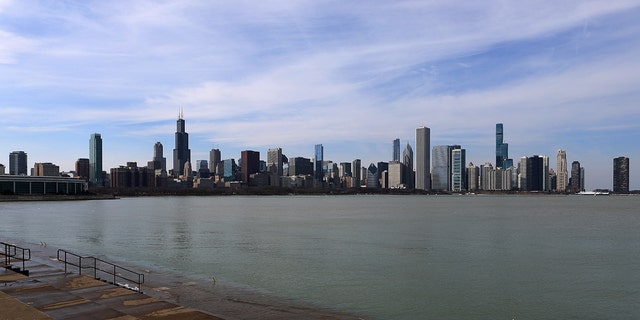 The Chicago skyline, photographed from outside the Adler Planetarium in Chicago, Illinois