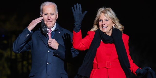 President Joe Biden and first lady Jill Biden attend the National Christmas Tree lighting in Washington on Dec. 2, 2021. 