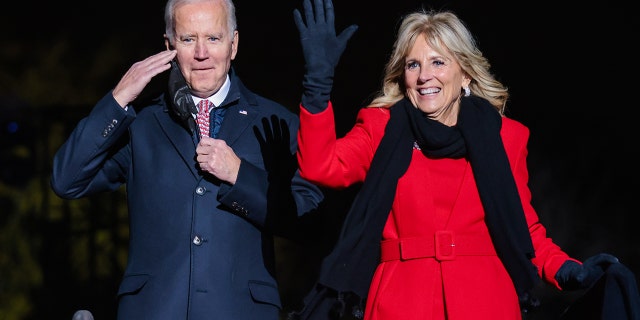 President Joe Biden and first lady Jill Biden attend the National Christmas Tree lighting in Washington on Dec. 2, 2021.