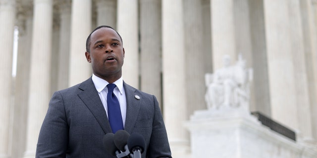 Kentucky Attorney General Daniel Cameron speaks to members of the press after the oral arguments of the Cameron v. EMW Women’s Surgical Center case were heard at the U.S. Supreme Court, Oct. 12, 2021, in Washington, DC.