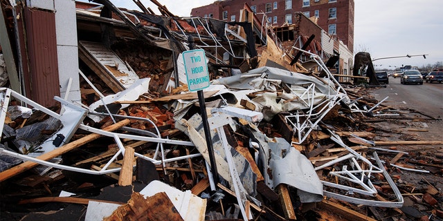 Heavy damage is seen downtown after a tornado swept through the area on Dec. 11, 2021 in Mayfield, Kentucky.