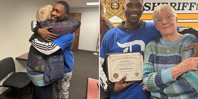 Pat Goins, 87, called Deshawn Pressley her "eroe" after he was given an award for stopping a man who snatched her purse at a grocery store earlier this month.