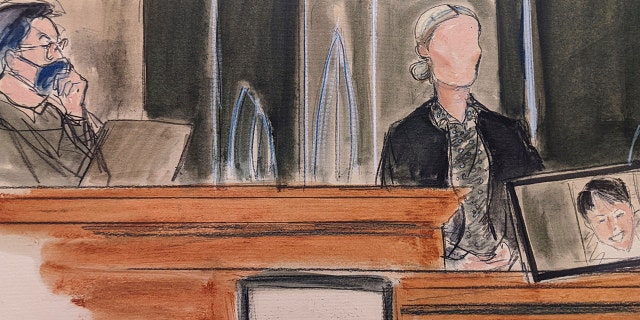 In this sketch, a witness testifies under the pseudonym "Kate" in the sex-abuse trial of Maxwell, Monday, Dec. 6, 2021, in New York.